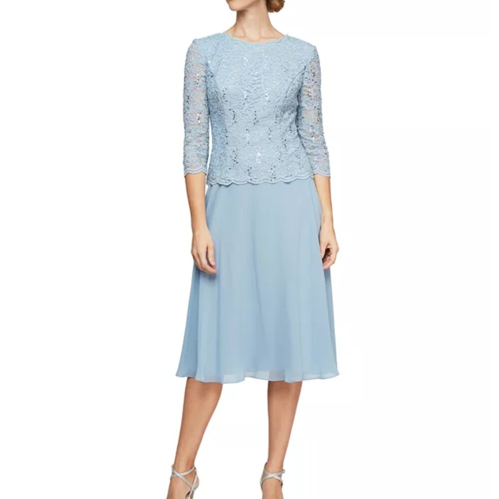 Alex Evenings Sequined Lace Contrast Dress (Sky Blue, 10)